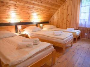 a room with three beds in a wooden cabin at Półwysep Natura Tour in Jastarnia