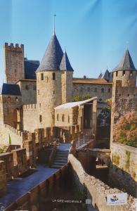 Blick auf ein Schloss mit einigen Treppen in der Unterkunft Studio pour 2 avec terrasse au pied de la Cité : ma pierre à l’édifice in Carcassonne