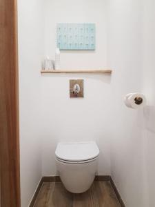 uma casa de banho com um WC branco num quarto em Le petit écureuil em Saint-Saturnin-dʼApt