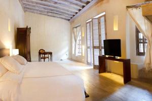 1 dormitorio con 1 cama y TV de pantalla plana en Casa Pombo Luxury 3 largeBR Duplex old city 300m2, en Cartagena de Indias