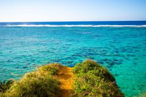 a view of the ocean from a beach at 無料ビーチまで3分!BBQとホームシアターが楽しめるファミリー向け宿 Fujiyama Terrace in Yomitan