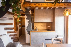 cocina y comedor con mesa y sillas en Vineyard cottage Sonce en Šentvid pri Stični