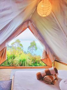 Bett in einem Zelt mit einem großen Fenster in der Unterkunft Bali Sunrise Camp & Glamping in Kintamani