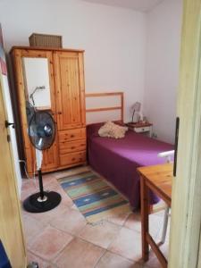 1 dormitorio con 1 cama, escritorio y ventilador en Ca' Clémentine, en Sasso di Bordighera