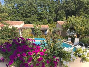 un jardin fleuri et une piscine dans l'établissement Les Hauts d'Eyragues gîte Aigue Marine Meublé classé 4 étoiles, à Eyragues