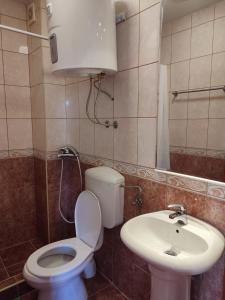 Apartments Mitrović Podličak في سفيتي ستيفان: حمام مع مرحاض ومغسلة