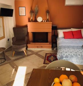 ein Wohnzimmer mit einem Bett und einem Kamin in der Unterkunft Zacharos Elegant Studio in Leonidi