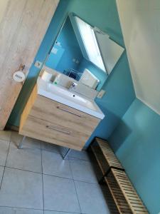 ein Bad mit einem Waschbecken und einem Spiegel in der Unterkunft Gîte Ferme d'hurtaux in Froidchapelle