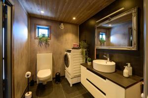 a bathroom with a sink and a toilet and a mirror at Superior Cabin Ballstad Lofoten in Ballstad