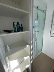 y baño con ducha a ras de suelo y cabina de ducha acristalada. en Hausboot Vroni am Bärwaldersee en Klitten