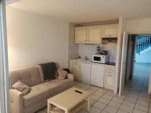 ein Wohnzimmer mit einem Sofa und einer Küche in der Unterkunft Superbe studio avec Loggia entre port et plage in Le Grau-du-Roi