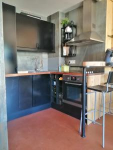 a kitchen with blue cabinets and a counter top at Appartement de 28 m2, centre station les 2 alpes in Les Deux Alpes
