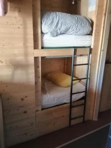 a couple of bunk beds in a wooden room at Appartement de 28 m2, centre station les 2 alpes in Les Deux Alpes