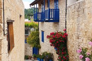 un par de edificios con ventanas azules y flores en Arsos Nest, en Arsos
