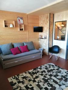 a living room with a couch and a television at Appartement de 28 m2, centre station les 2 alpes in Les Deux Alpes