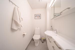 a white bathroom with a toilet and a sink at Levillas Sointuilevi 1 B67, 2 ski pass included in Levi