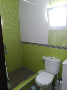 ein grün gefliestes Badezimmer mit Toilette und Fenster in der Unterkunft CasaMaria 50 metros de la playa in El Palmar
