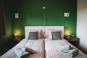 um quarto com 2 camas e paredes verdes em Vakantiewoning Barrage27 em Houffalize