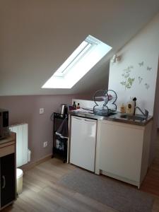 uma cozinha com um lavatório e uma clarabóia em Logement indépendant em Amboise