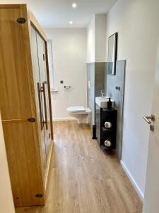 a bathroom with a toilet and a sink at Ferienwohnung mit Terrasse und Sauna in Ortenberg