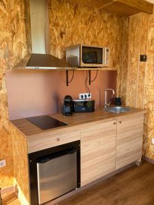 eine kleine Küche mit Mikrowelle und Spüle in der Unterkunft O REFUXIO DOS CEBREIROS in Mazaricos