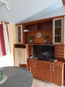 uma sala de estar com um grande centro de entretenimento com uma televisão de ecrã plano em Mobil home camping les écureuils em Mimizan