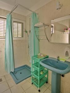 a bathroom with a blue sink and a shower at Apartments with a parking space Orebic, Peljesac - 14834 in Orebić