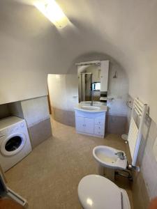 a bathroom with a toilet sink and a washing machine at VALLE D'ITRIA Trullo Sovrano sul Monte in Cisternino