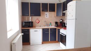 cocina con armarios azules y nevera blanca en La grange de Ninon en La Chapelle-Saint-Martin-en-Plaine