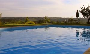 a blue swimming pool with a table and a tree at Agriturismo I Poggi in Impruneta