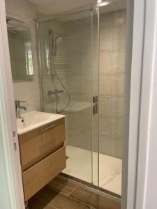 een badkamer met een glazen douche en een wastafel bij Villa au cœur des vignes de Chavignol in Sancerre