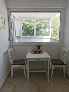 a table and two chairs in a room with a window at Apartman Andro in Samobor