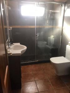 een badkamer met een douche, een toilet en een wastafel bij Lanzate in Tinajo