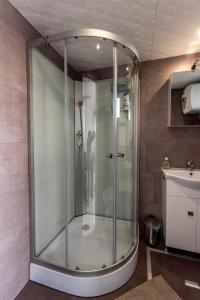 y baño con ducha de cristal y lavabo. en Panoráma Úszóház 1, en Abádszalók