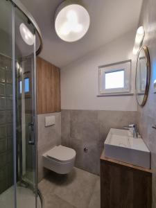 a bathroom with a toilet and a sink and a shower at Apartment Duce 2821c in Duće