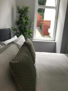 een bed met een kussen en een raam in een kamer bij 1Bed Golfhill Cottage in Dunblane