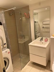 a bathroom with a shower and a sink and a washing machine at CPH Lux Apartments KH in Copenhagen