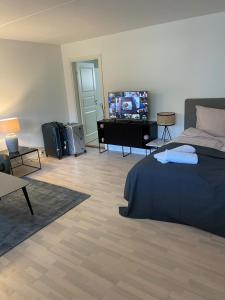 1 dormitorio con 1 cama y TV de pantalla plana en CPH Lux Apartments KH en Copenhague