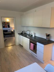 a kitchen with white cabinets and a stove top oven at CPH Lux Apartments KH in Copenhagen