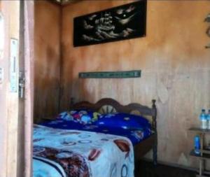 a bedroom with a bed with blue sheets and a picture on the wall at Akria Bed and breakfast in Bayan