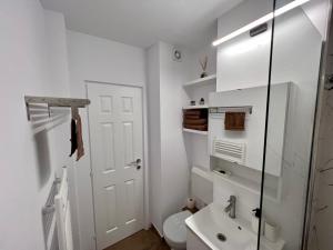 La salle de bains blanche est pourvue de toilettes et d'un lavabo. dans l'établissement Ancodirect Apartments, à Rădăuţi