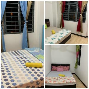 three pictures of a bedroom with a bed and a window at Apartment Uno teratak kasih in Sandakan