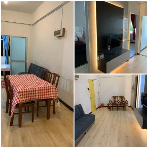 a kitchen and a dining room with a table and chairs at Apartment Uno teratak kasih in Sandakan