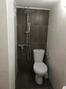 a small bathroom with a toilet and a shower at Studio Rayskata yabalka in Varna City