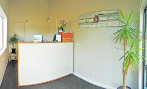 an office with a reception desk and a palm tree at Middlemore Motel in Auckland