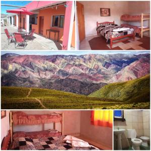 two pictures of a bedroom with a mountain mural at Hostal familiar Hornocal in Humahuaca