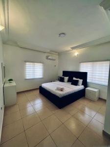 1 dormitorio con 1 cama grande y 2 ventanas en The Blcksite: A 3 bedroom apartment in Wuse, en Abuja