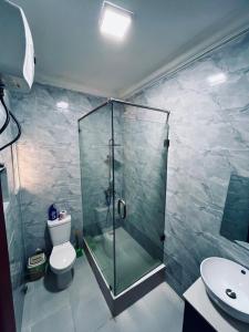 y baño con ducha, aseo y lavamanos. en The Blcksite: A 3 bedroom apartment in Wuse, en Abuja
