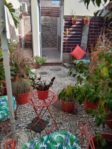 a patio with potted plants and a table with a pathway at El Paraiso in San Clemente del Tuyú