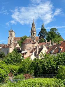 een groep gebouwen met twee torens en bomen bij Maison cosy en plein centre ville in Semur-en-Auxois